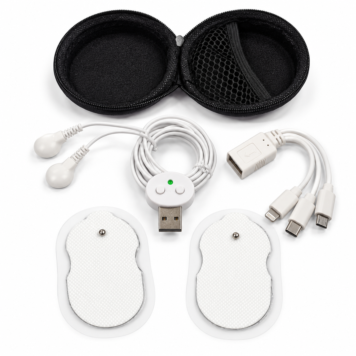 Electric Pulse Massager kit with two pads, USB controller, phone adapter and open storage case on white