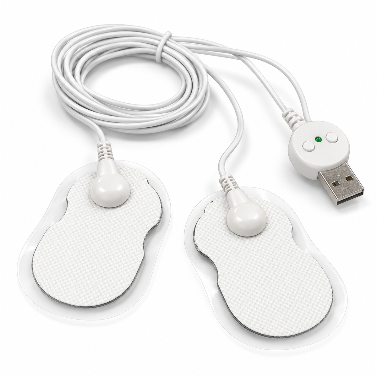 Electric Pulse Massager two connected white pads and USB controller in an angled white-background view
