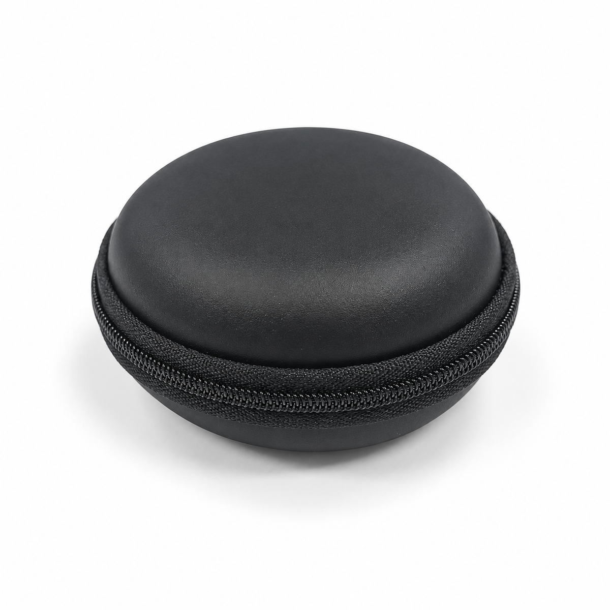 Electric Pulse Massager black round zippered storage case in a close angled white-background view