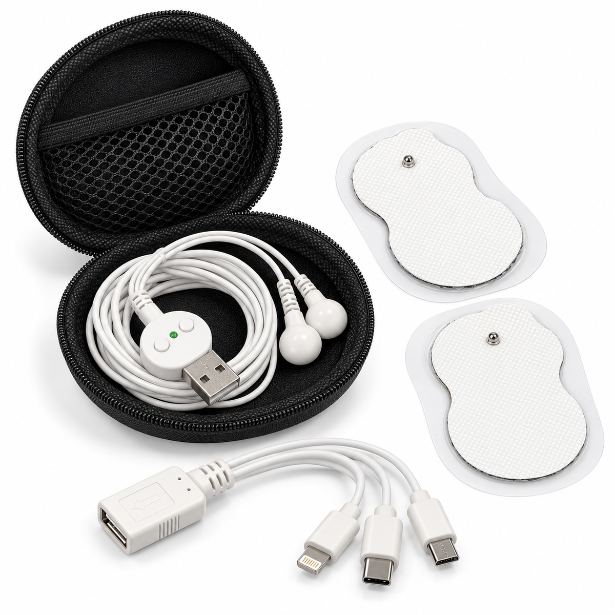 Electric Pulse Massager controller in open case beside two pads and phone adapter on white