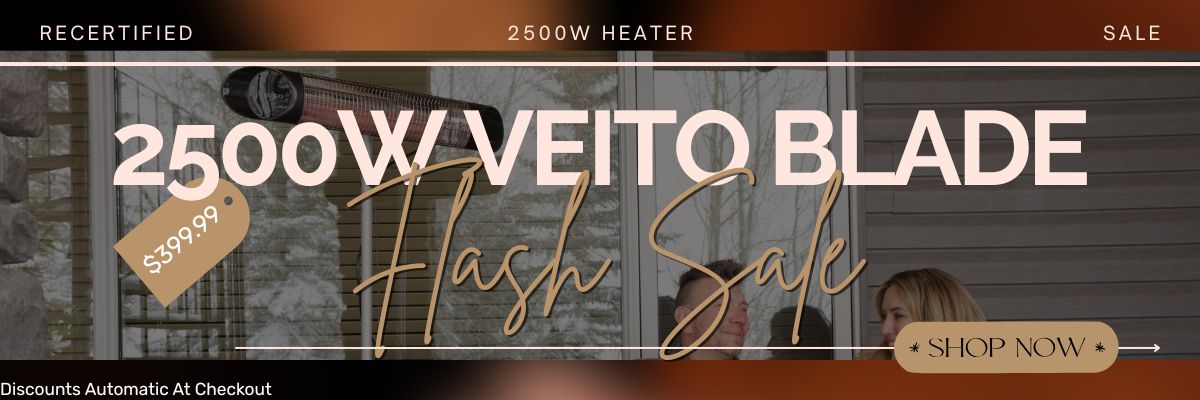 Advertisement for a 2500W Veito Blade heater with a price tag and 'Shop Now' button.