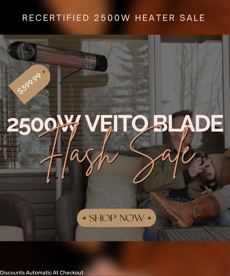 Advertisement for a 2500W Veito Blade heater with a price tag and 'Shop Now' button.