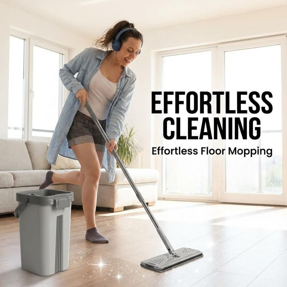 Woman using a mop while listening to music with text 'Effortless Cleaning' in a bright living room.