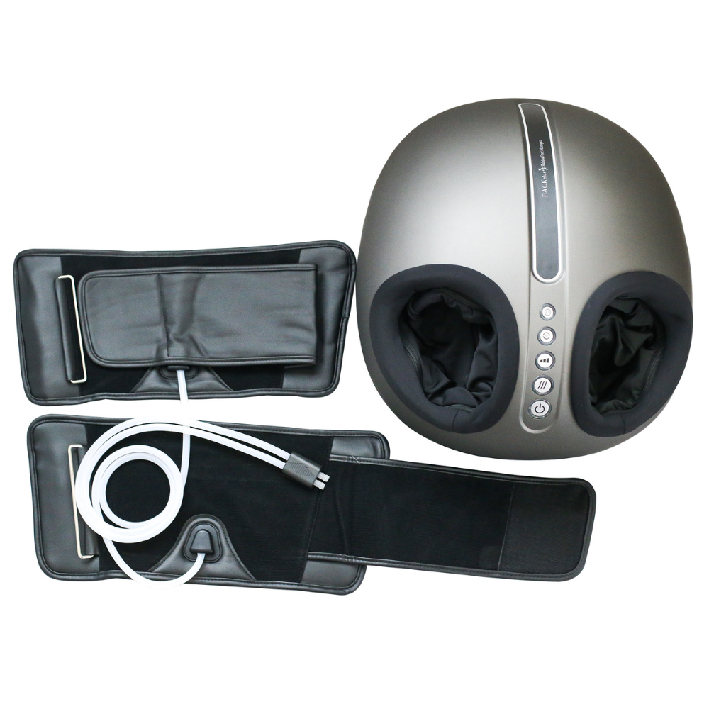 BACKplus® Shiatsu Foot Massager with control buttons, surrounded by black massage wraps and tubing for enhanced relaxation.