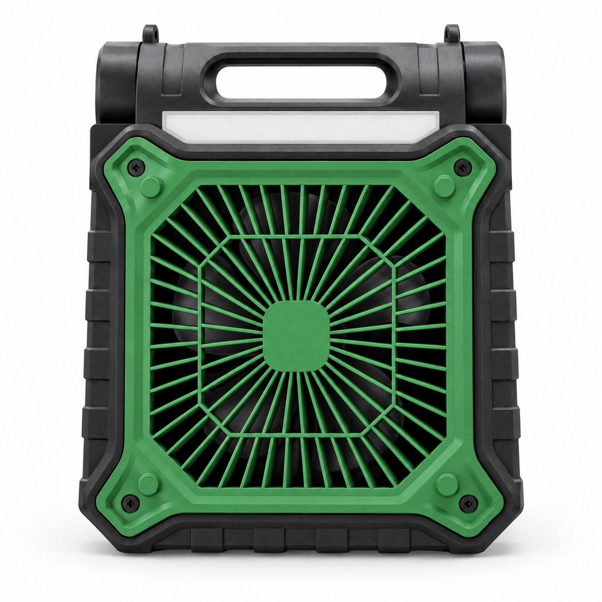 Green Solar Fan portable solar rechargeable fan, straight-on front view on a white background.