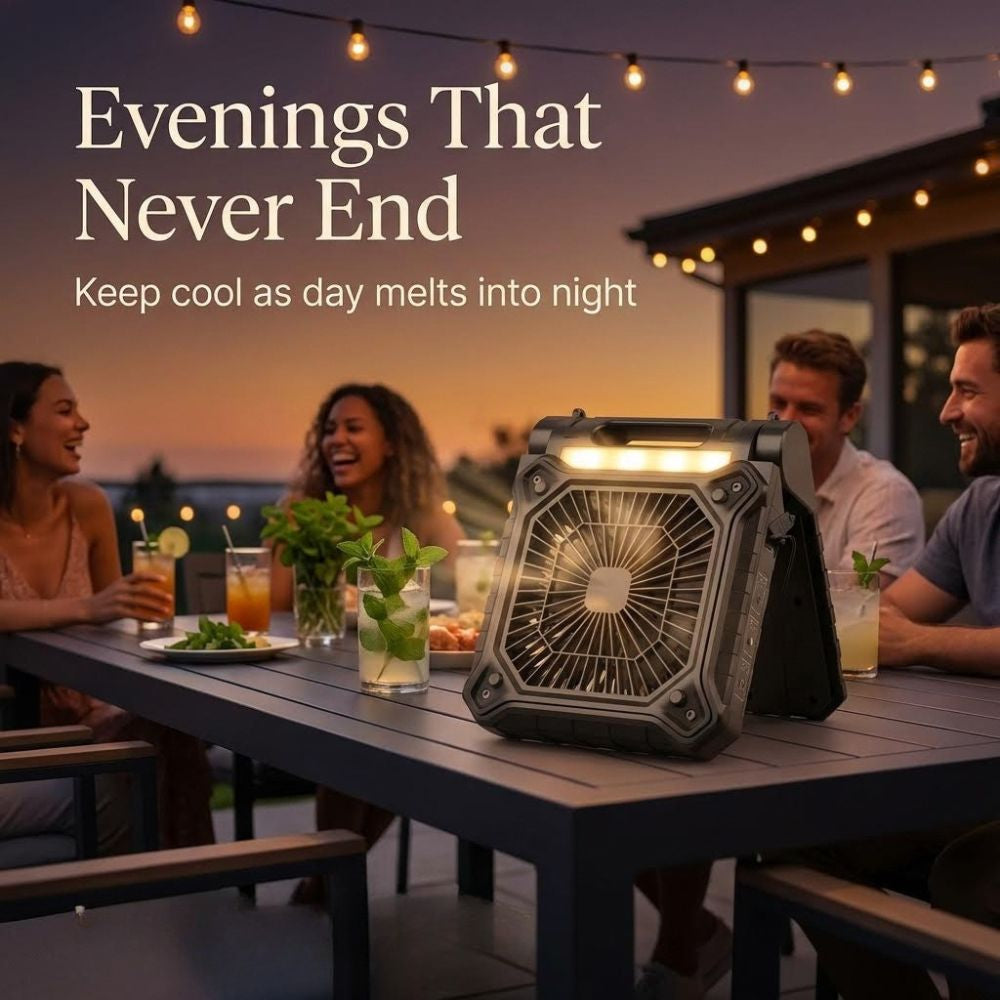 Solar fan on table of gathering with text 'evenings that never end' and 'keep cool as day melts into night'