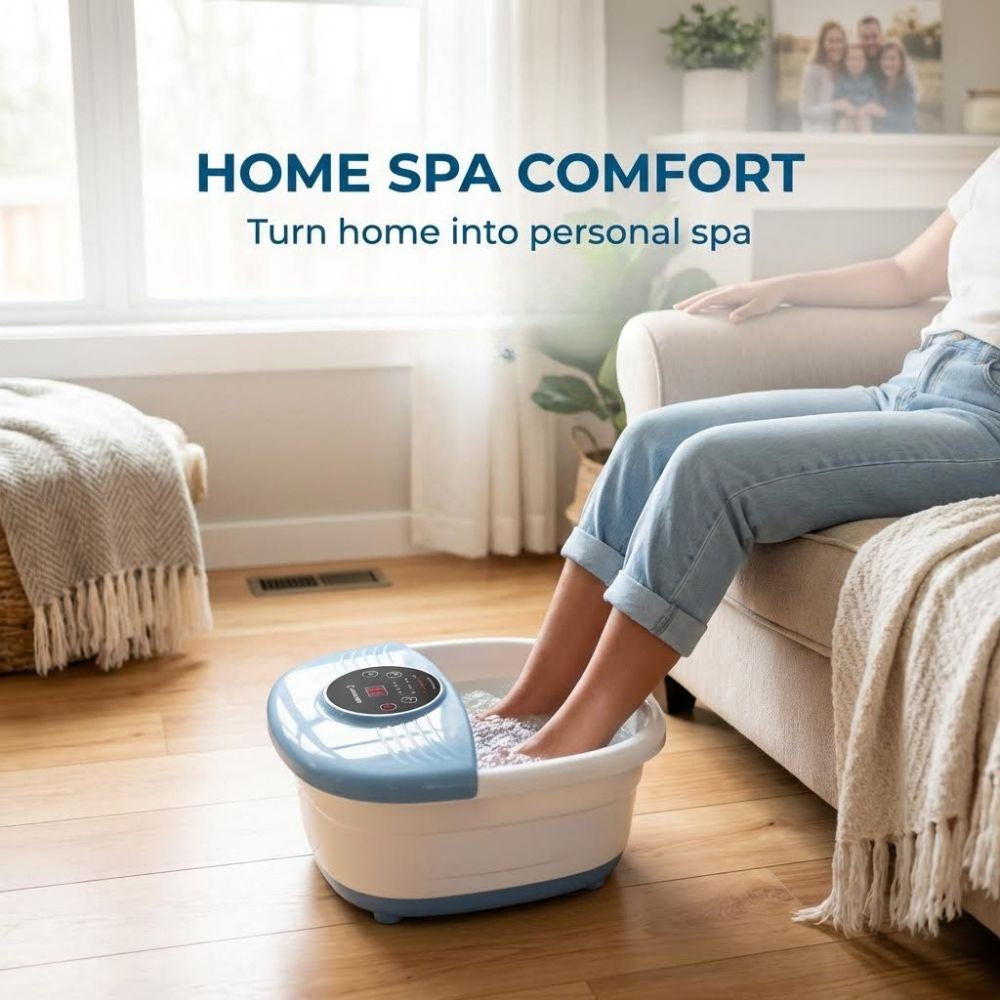 Person using a foot spa in a home setting with 'Home Spa Comfort' text.