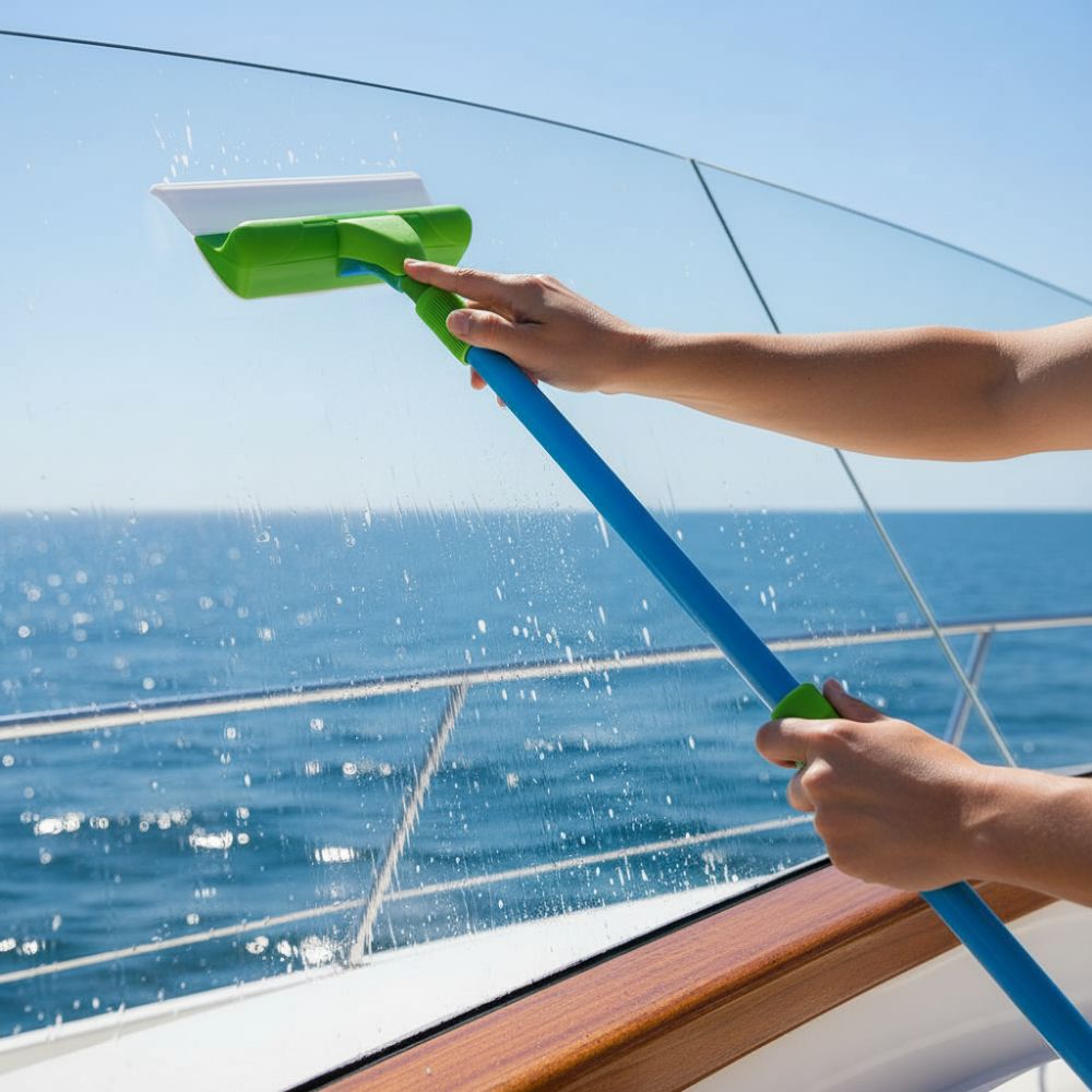 Person cleaning a boat window with a Window Blade Pro squeegee against a clear blue sky.