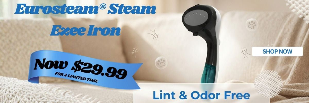 Advertisement for Eurosteam Steam Ezee Iron with price and 'Shop Now' button on a blurred background.