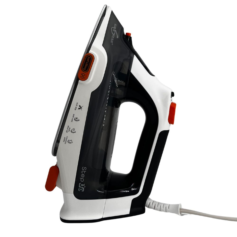 Eurosteam® Step Up Iron Iron side view anti drip, anti calcium, steam and wrist saver in one similar to olisio. Iron with vertical steam capability for board-free ironing.