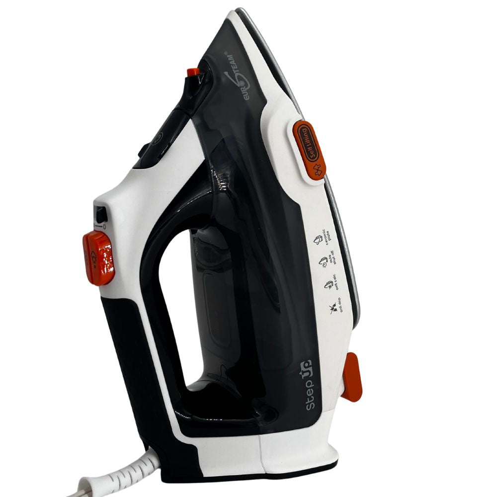Eurosteam® Step Up Iron Iron And Garment side view of iron. Steam burst feature on Eurosteam iron for tough wrinkles.