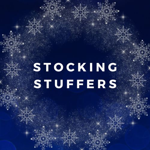 Text 'STOCKING STUFFERS' on a blue background with snowflakes