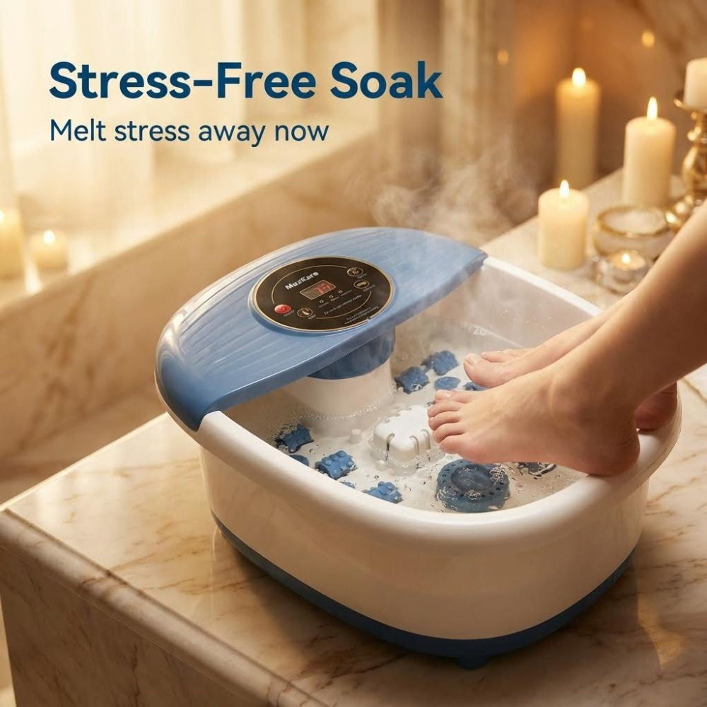 Person using a foot spa with candles in the background, labeled 'Stress-Free Soak'.