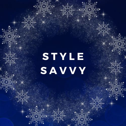 Text 'STYLE SAVVY' surrounded by snowflakes on a dark blue background