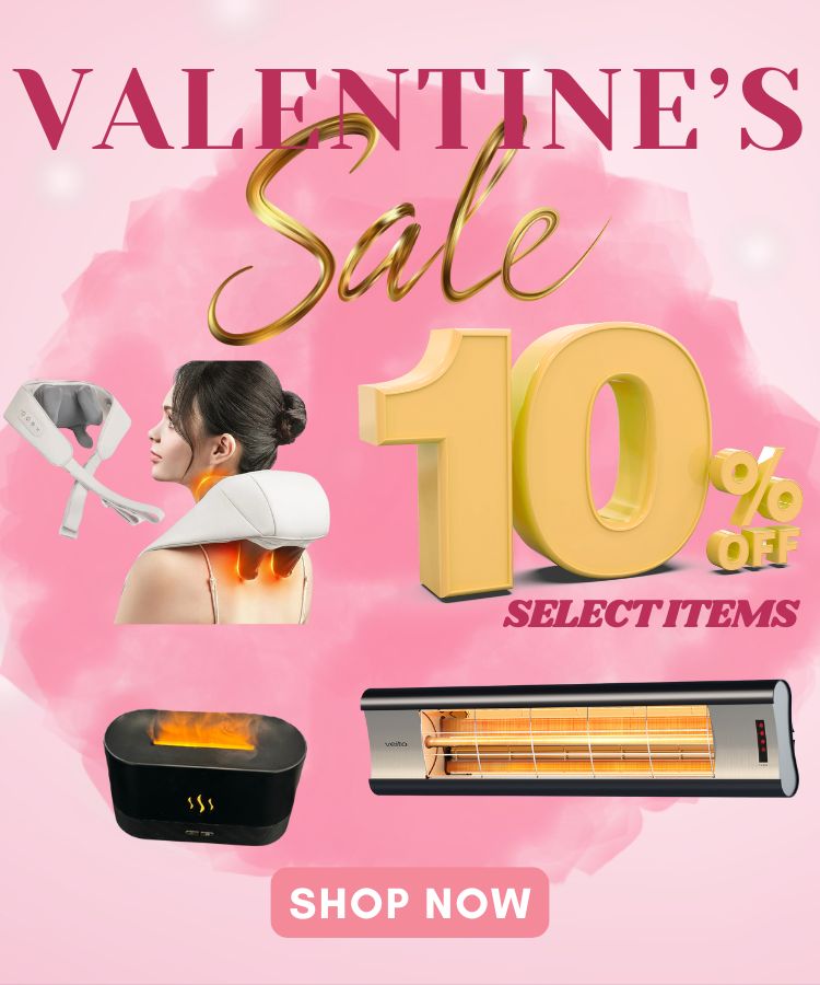 Promotional image for Valentine's Day sale with massage device, woman using it, and text on a pink background.