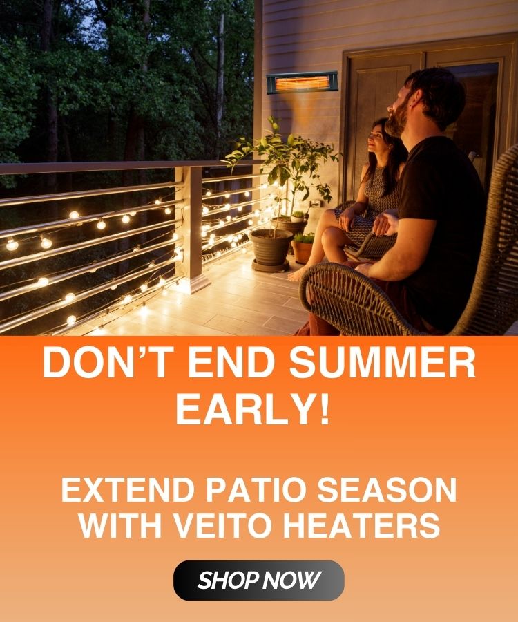 People sitting on a deck with string lights and text promoting Veito heaters to extend patio season.