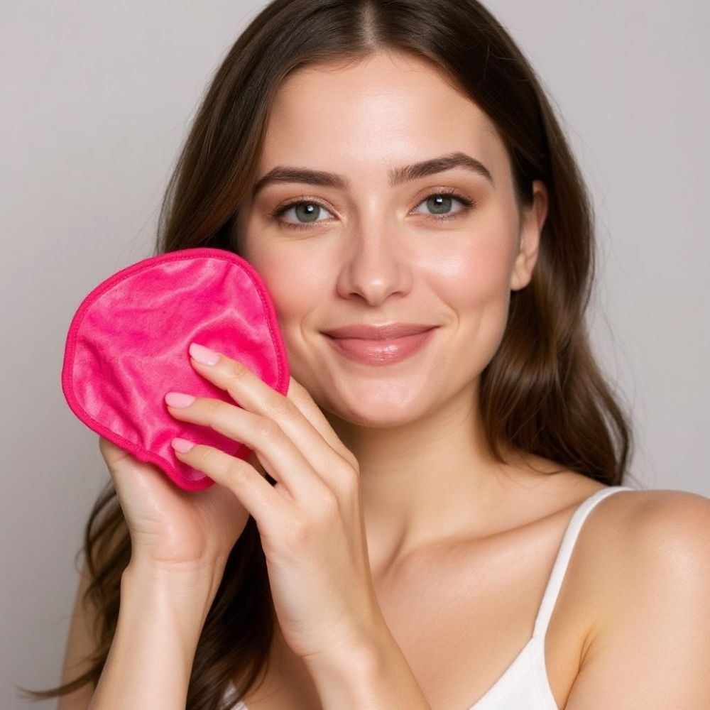 Woman holding a pinkMakeup Eraser Cloth against a neutral background