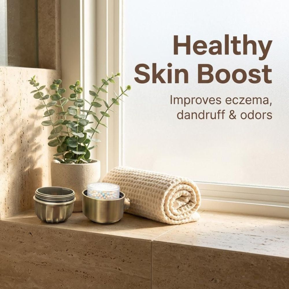 Window sill with plants, shower filter, and a towel with 'Healthy Skin Boost' text on a light background