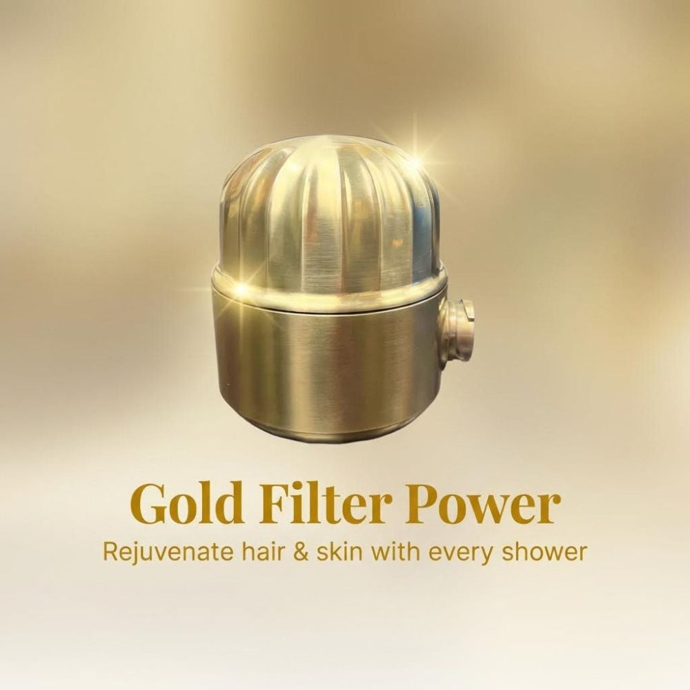 Gold shower filter with text on a gold background