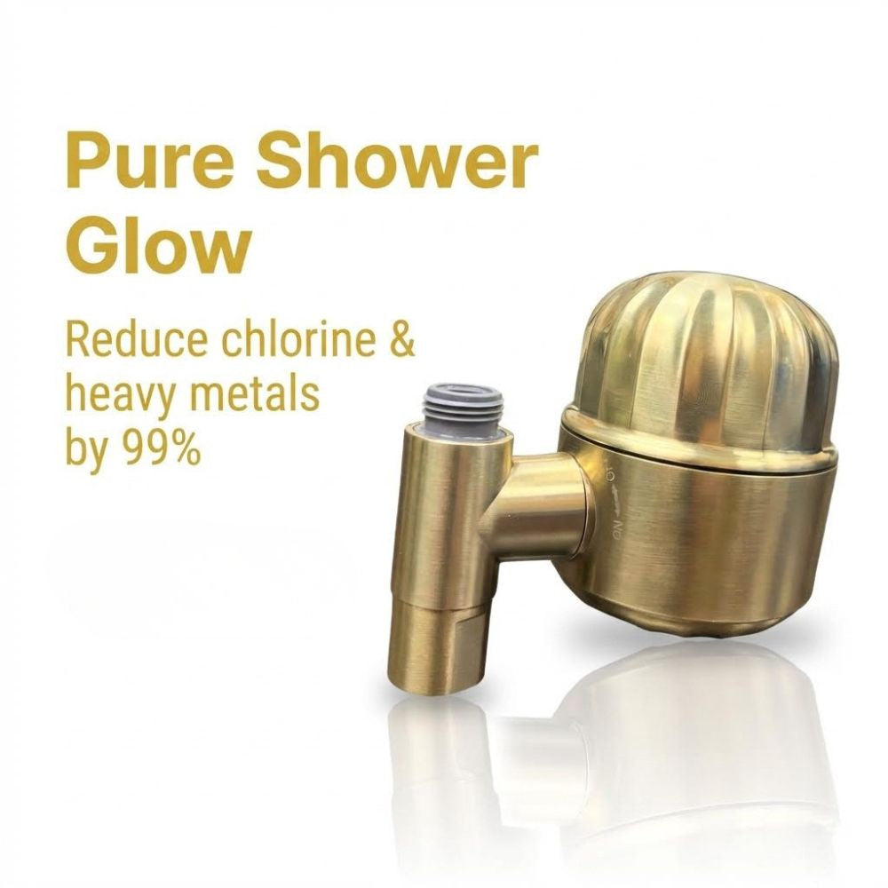 Gold shower filter with text on a white background - pure shower glow