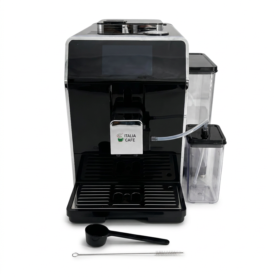 Italia Cafe I fully automatic coffee machine, front view with water tank, milk container, measuring scoop and cleaning brush