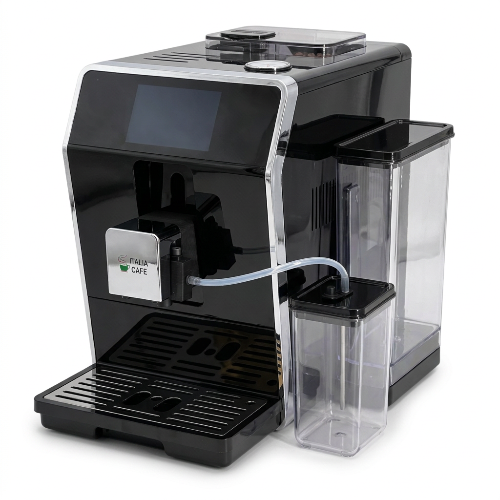 Italia Cafe I fully automatic coffee machine, right three-quarter view with water tank and milk container