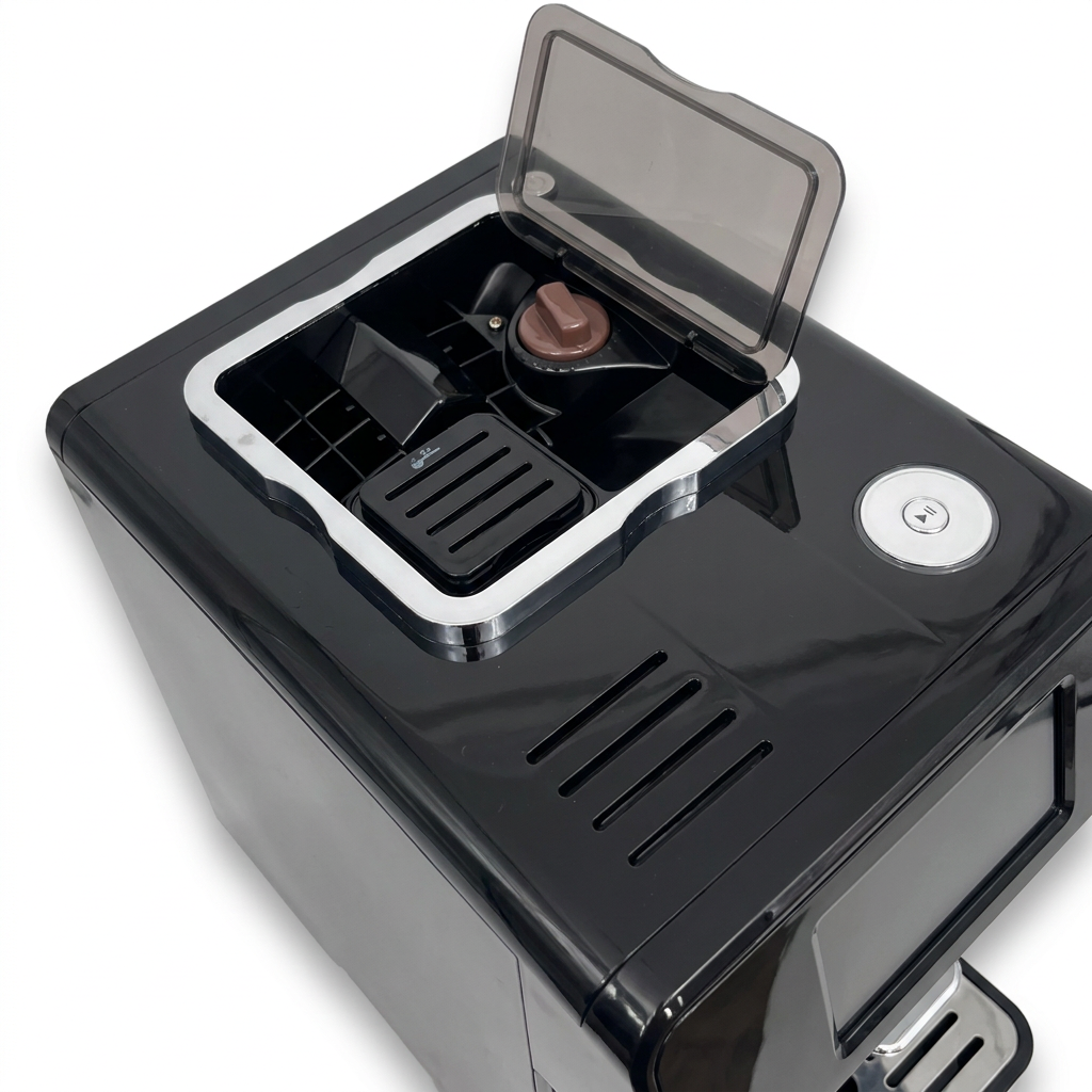Italia Cafe I fully automatic coffee machine, top view with the bean hopper lid open and the grind dial visible